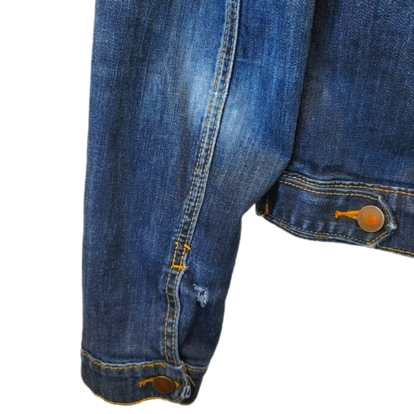 Kut from the Kloth Jean Jacket Womens XL L Blue Denim Dark Wash Cropped Trucker - Picture 6 of 14